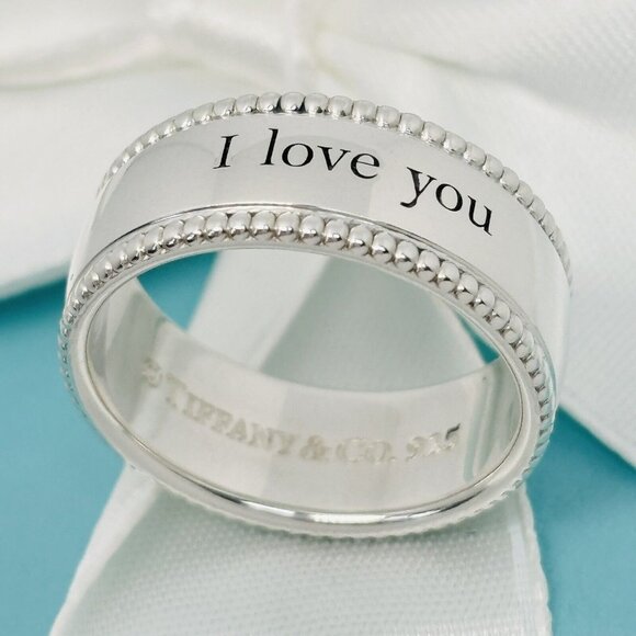Size Tiffany I LOVE YOU Ring Beaded Milgrain Wide Band